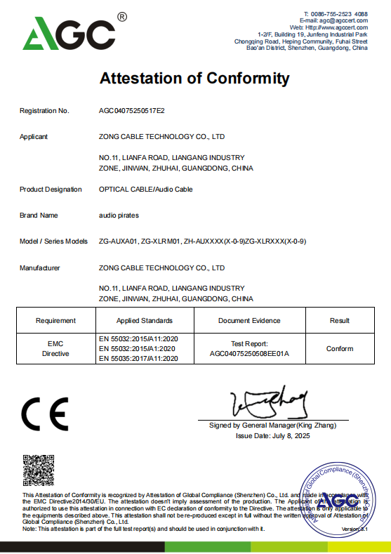 Audio Cable Optical cable CE-EMC Attestation