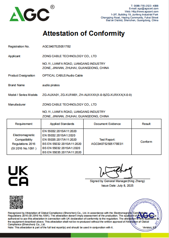 Audio Cable Optical cable UKCA-EMC Attestation